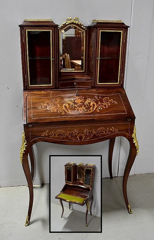 Petit Secrétaire Bonheur du Jour, en Placage de Palissandre de Rio, époque Napoléon III – XIXe