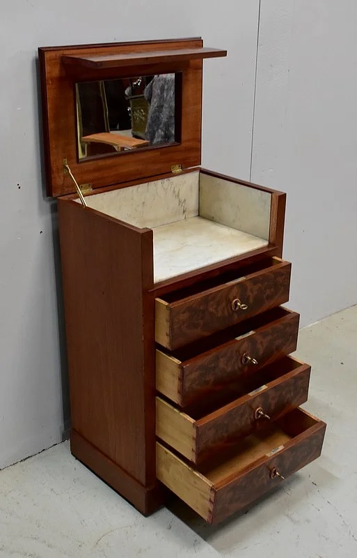 Rare Petite Commode de Toilette, en Placage de Ronce d’Acajou – Fin XIXe