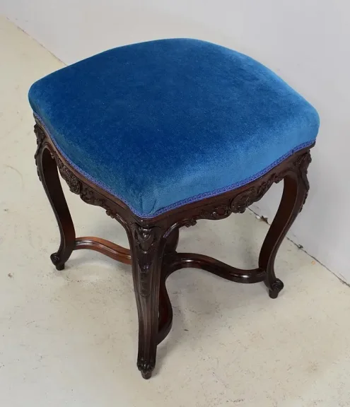 Tabouret en Velours Bleu et Palissandre, à hauteur Modulable, style Louis XV, époque Napoléon III – XIXe