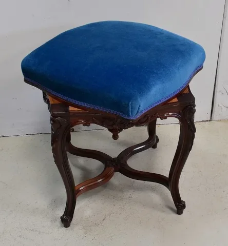 Tabouret en Velours Bleu et Palissandre, à hauteur Modulable, style Louis XV, époque Napoléon III – XIXe