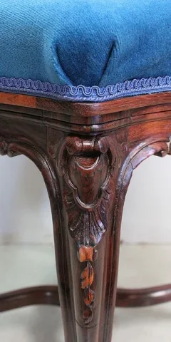 Tabouret en Velours Bleu et Palissandre, à hauteur Modulable, style Louis XV, époque Napoléon III – XIXe