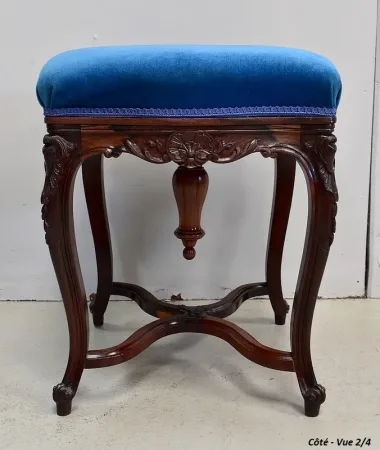 Tabouret en Velours Bleu et Palissandre, à hauteur Modulable, style Louis XV, époque Napoléon III – XIXe