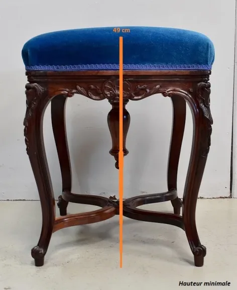 Tabouret en Velours Bleu et Palissandre, à hauteur Modulable, style Louis XV, époque Napoléon III – XIXe