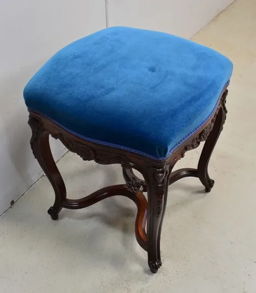 Tabouret en Velours Bleu et Palissandre, à hauteur Modulable, style Louis XV, époque Napoléon III – XIXe