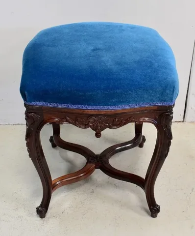 Tabouret en Velours Bleu et Palissandre, à hauteur Modulable, style Louis XV, époque Napoléon III – XIXe