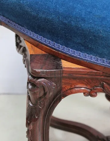 Tabouret en Velours Bleu et Palissandre, à hauteur Modulable, style Louis XV, époque Napoléon III – XIXe