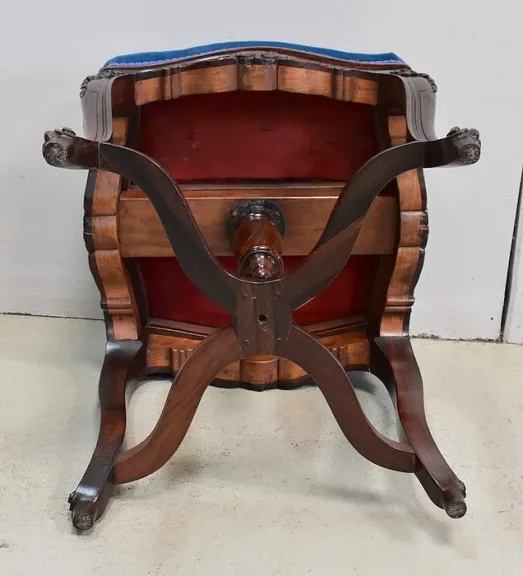 Tabouret en Velours Bleu et Palissandre, à hauteur Modulable, style Louis XV, époque Napoléon III – XIXe