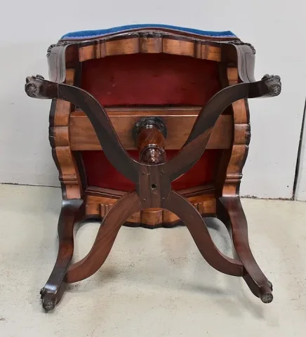 Tabouret en Velours Bleu et Palissandre, à hauteur Modulable, style Louis XV, époque Napoléon III – XIXe