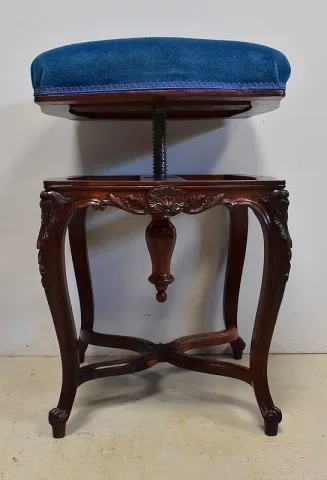 Tabouret en Velours Bleu et Palissandre, à hauteur Modulable, style Louis XV, époque Napoléon III – XIXe