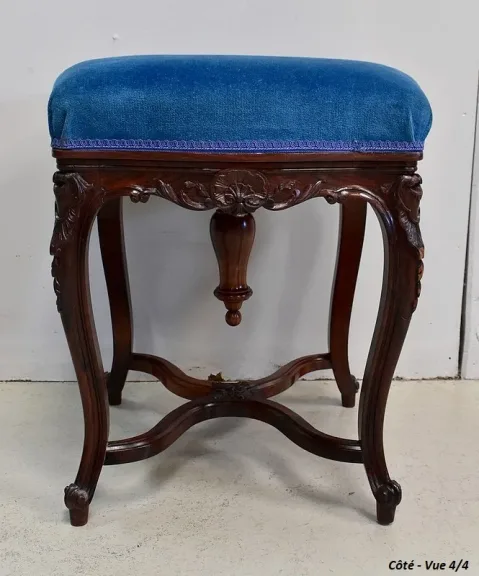 Tabouret en Velours Bleu et Palissandre, à hauteur Modulable, style Louis XV, époque Napoléon III – XIXe