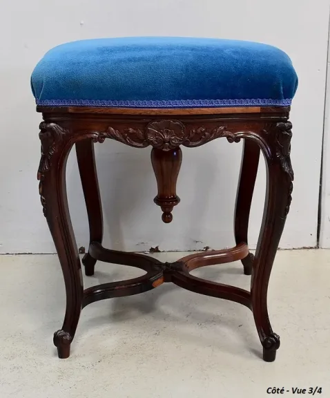 Tabouret en Velours Bleu et Palissandre, à hauteur Modulable, style Louis XV, époque Napoléon III – XIXe