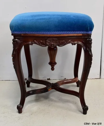 Tabouret en Velours Bleu et Palissandre, à hauteur Modulable, style Louis XV, époque Napoléon III – XIXe