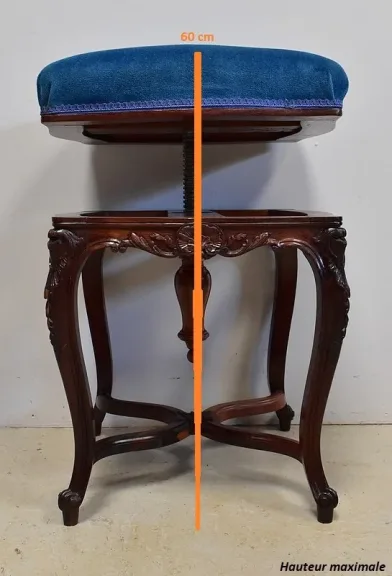 Tabouret en Velours Bleu et Palissandre, à hauteur Modulable, style Louis XV, époque Napoléon III – XIXe