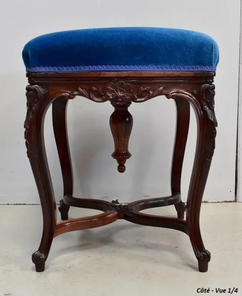 Tabouret en Velours Bleu et Palissandre, à hauteur Modulable, style Louis XV, époque Napoléon III – XIXe