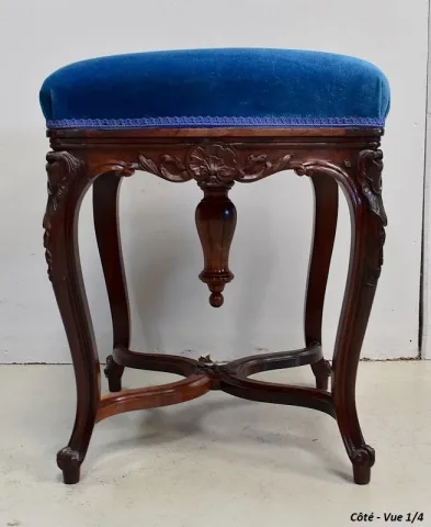 Tabouret en Velours Bleu et Palissandre, à hauteur Modulable, style Louis XV, époque Napoléon III – XIXe