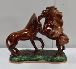 Couple de Chevaux en Barbotine, signé R. Prunet – 1900 / 1920