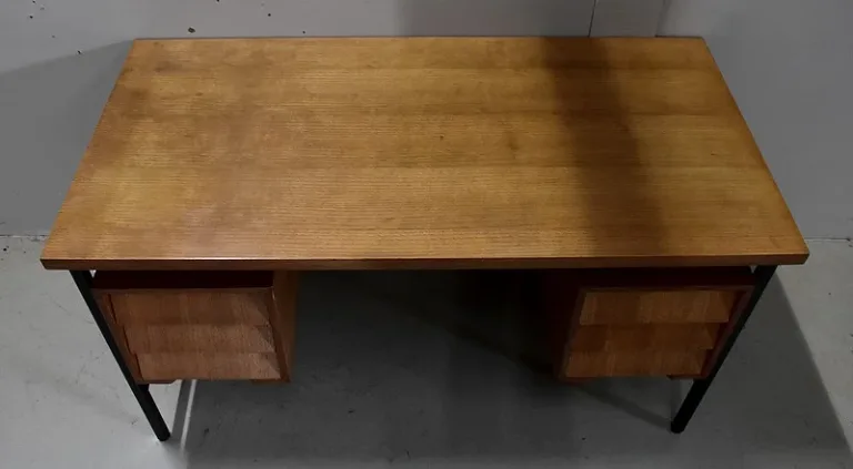 Bureau en Placage de Chêne et Piétement Métal – 1940 / 1950