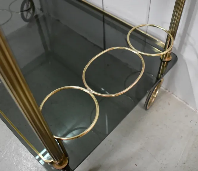 Table Roulante de Service en Laiton et Verre Fumé – 1970