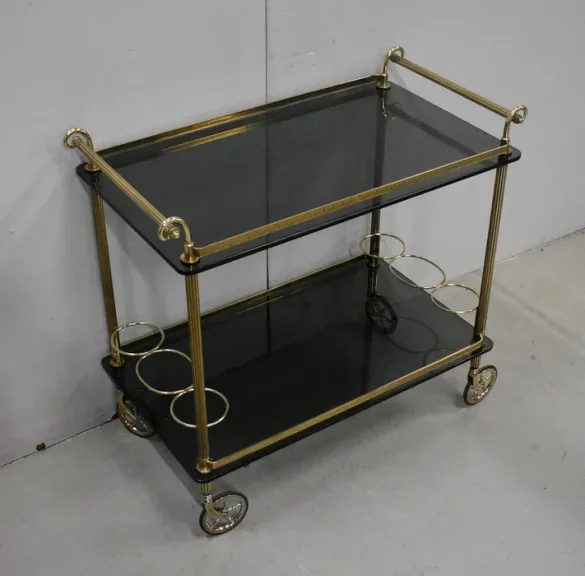 Table Roulante de Service en Laiton et Verre Fumé – 1970