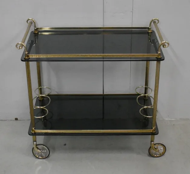 Table Roulante de Service en Laiton et Verre Fumé – 1970