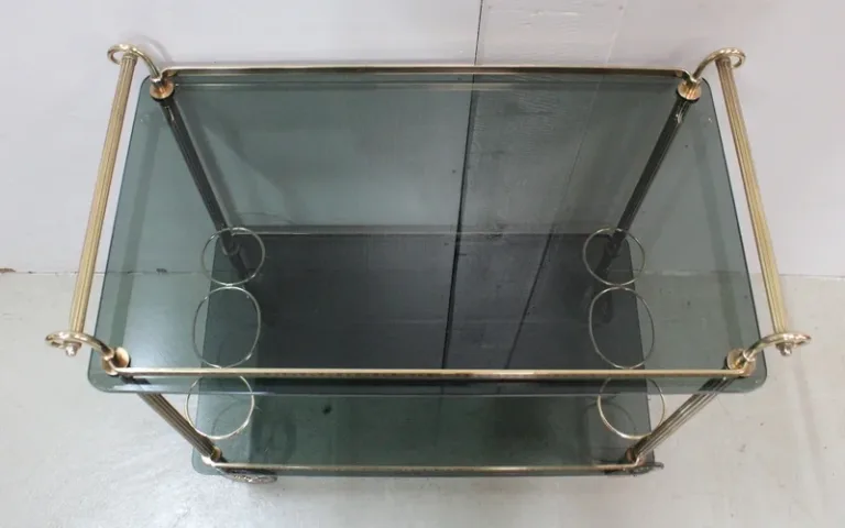 Table Roulante de Service en Laiton et Verre Fumé – 1970