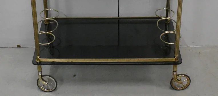 Table Roulante de Service en Laiton et Verre Fumé – 1970