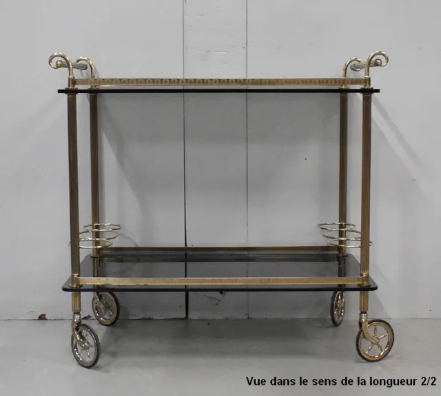 Table Roulante de Service en Laiton et Verre Fumé – 1970