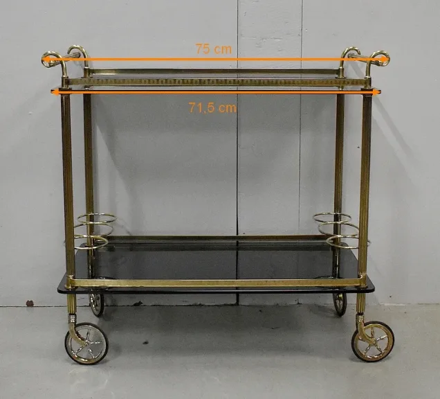 Table Roulante de Service en Laiton et Verre Fumé – 1970