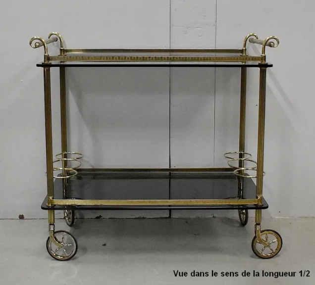 Table Roulante de Service en Laiton et Verre Fumé – 1970