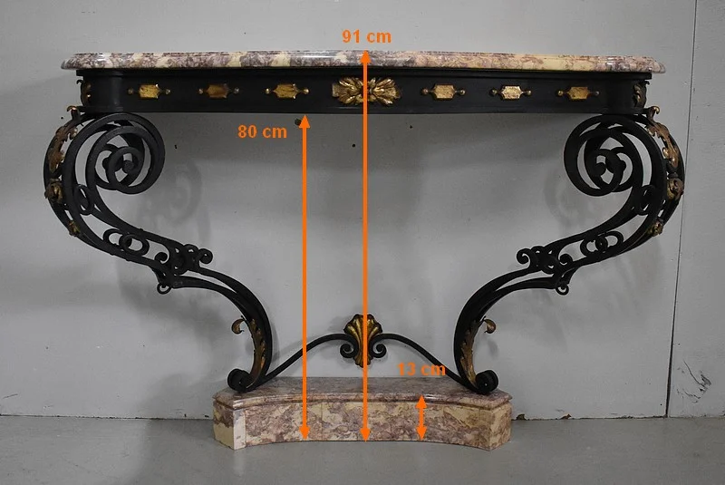 Console d’Applique en Marbre et Fer Forgé, esprit Rocaille – 1940 / 1950