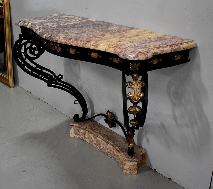 Console d’Applique en Marbre et Fer Forgé, esprit Rocaille – 1940 / 1950