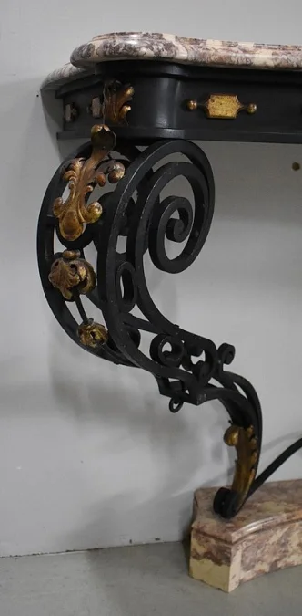 Console d’Applique en Marbre et Fer Forgé, esprit Rocaille – 1940 / 1950