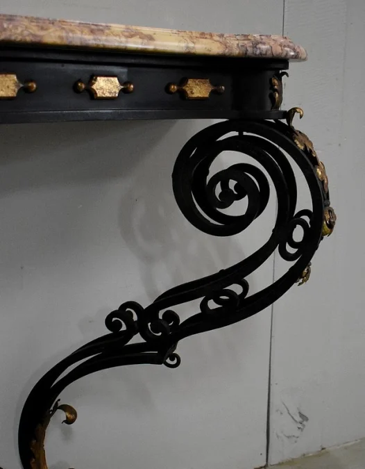 Console d’Applique en Marbre et Fer Forgé, esprit Rocaille – 1940 / 1950