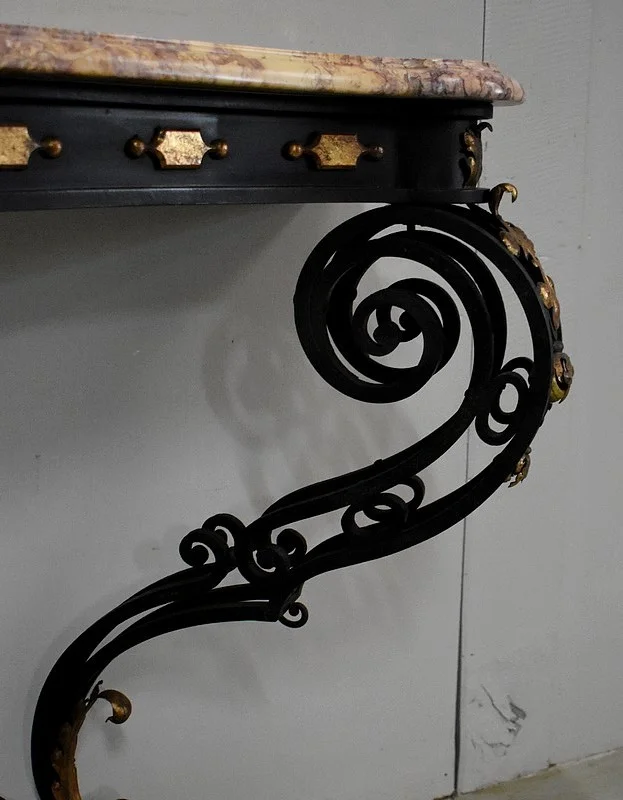 Console d’Applique en Marbre et Fer Forgé, esprit Rocaille – 1940 / 1950