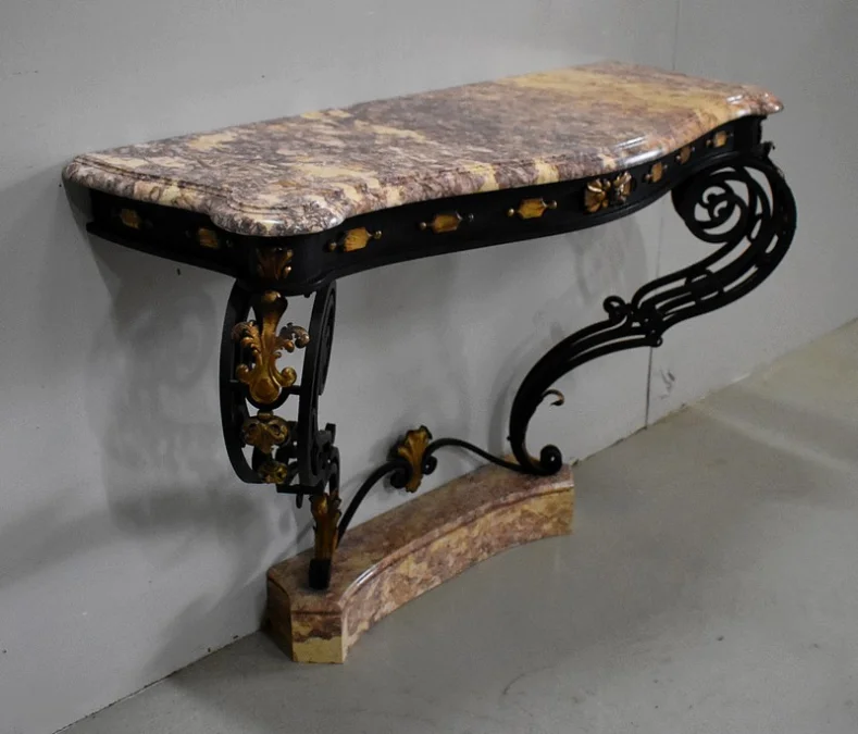 Console d’Applique en Marbre et Fer Forgé, esprit Rocaille – 1940 / 1950