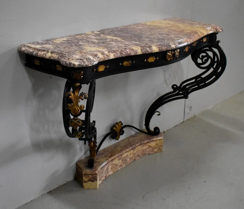 Console d’Applique en Marbre et Fer Forgé, esprit Rocaille – 1940 / 1950