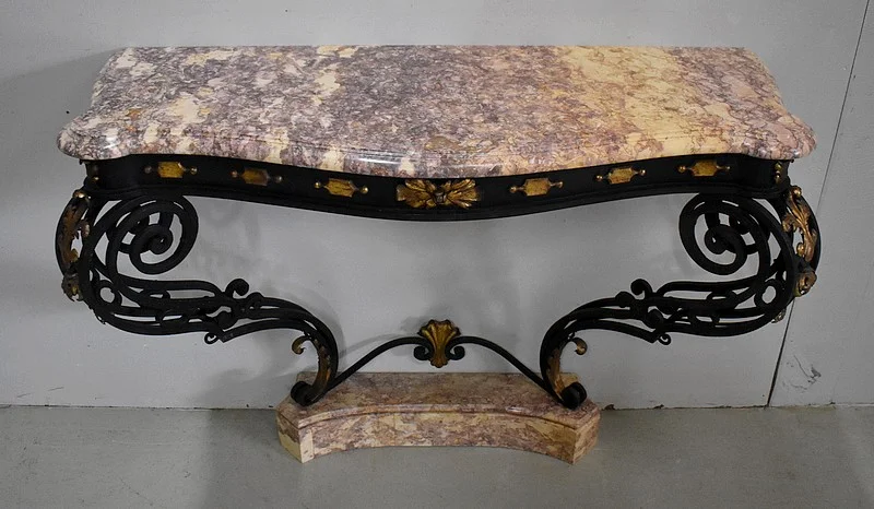 Console d’Applique en Marbre et Fer Forgé, esprit Rocaille – 1940 / 1950