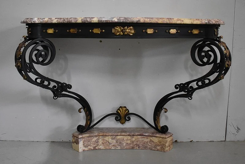 Console d’Applique en Marbre et Fer Forgé, esprit Rocaille – 1940 / 1950