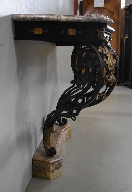 Console d’Applique en Marbre et Fer Forgé, esprit Rocaille – 1940 / 1950