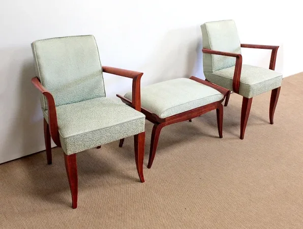 Ensemble 3 pièces, Paire de Fauteuils Bridge et Tabouret, Art Déco - 1940