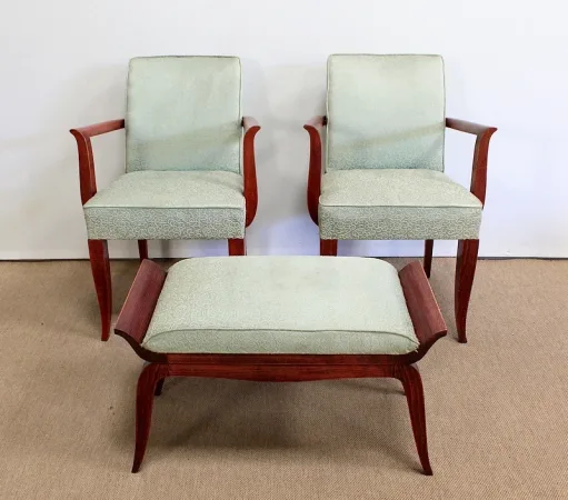 Ensemble 3 pièces, Paire de Fauteuils Bridge et Tabouret, Art Déco - 1940