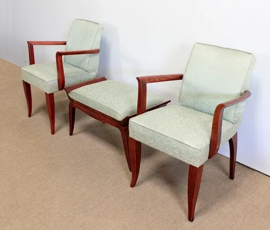 Ensemble 3 pièces, Paire de Fauteuils Bridge et Tabouret, Art Déco - 1940