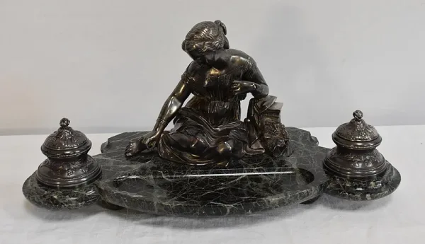 Encrier Double en Bronze argenté sur Marbre vert de mer – 1900