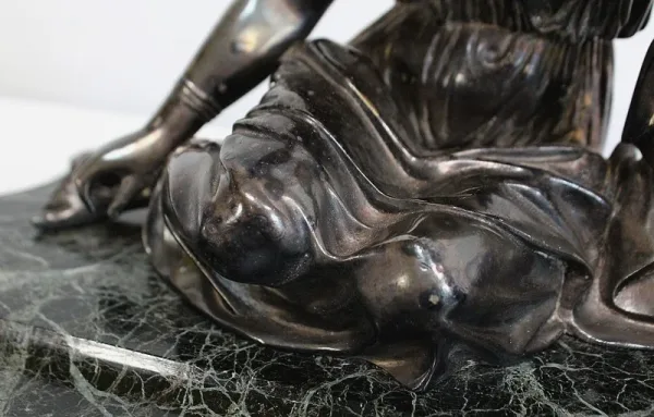 Encrier Double en Bronze argenté sur Marbre vert de mer – 1900