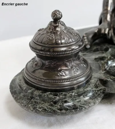 Encrier Double en Bronze argenté sur Marbre vert de mer – 1900