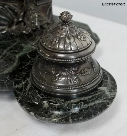 Encrier Double en Bronze argenté sur Marbre vert de mer – 1900