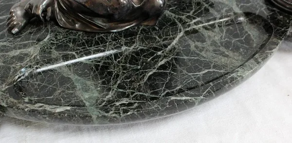 Encrier Double en Bronze argenté sur Marbre vert de mer – 1900