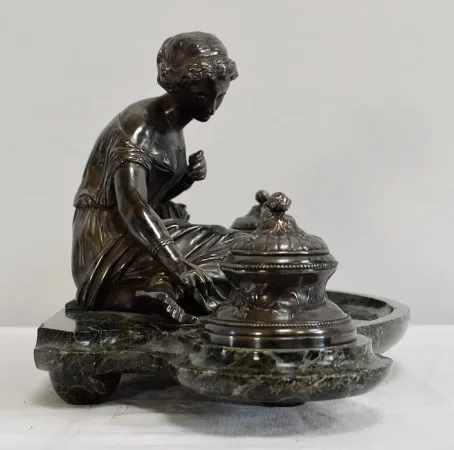 Encrier Double en Bronze argenté sur Marbre vert de mer – 1900
