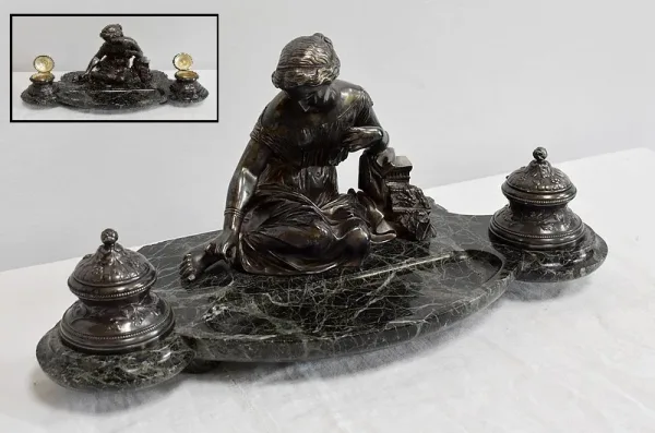 Encrier Double en Bronze argenté sur Marbre vert de mer – 1900