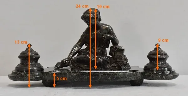 Encrier Double en Bronze argenté sur Marbre vert de mer – 1900
